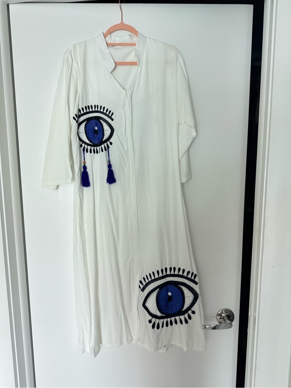 White Eye-Embroidered Long Dress with Blue Tassels. Purchased in Egypt. Cotton